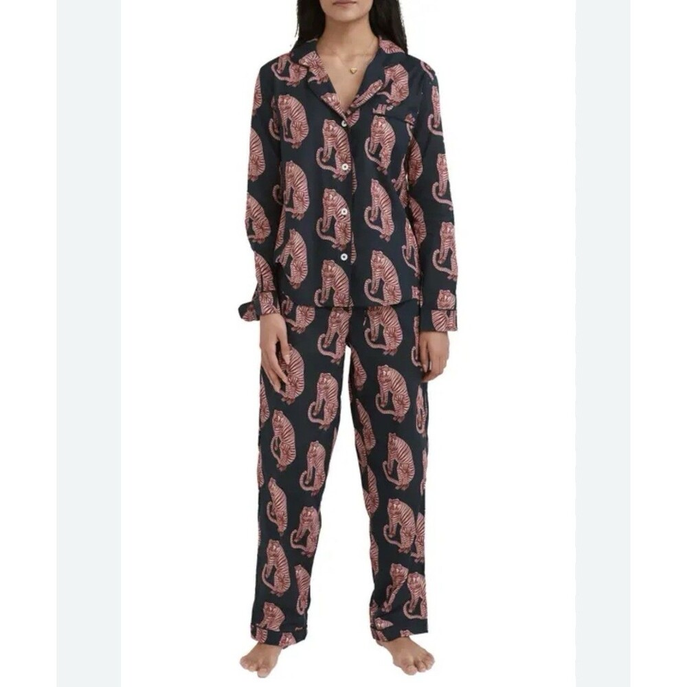 Desmond & Dempsey Tiger Print Pajama Set Cotton Blue Pink Top Pant Sz Medium
